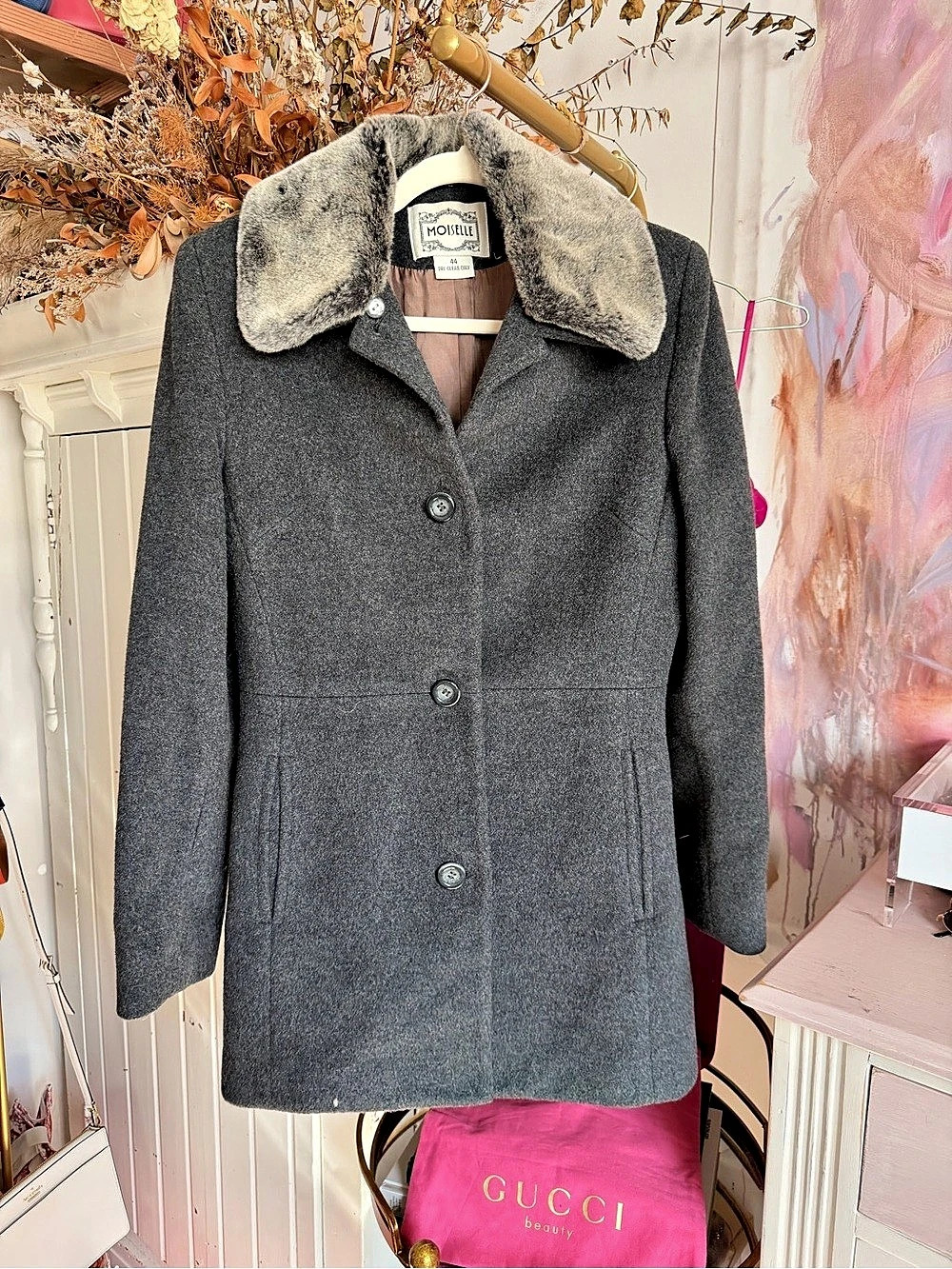 Moiselle Faux-Fur Collar Gray Pea Coat Size 44